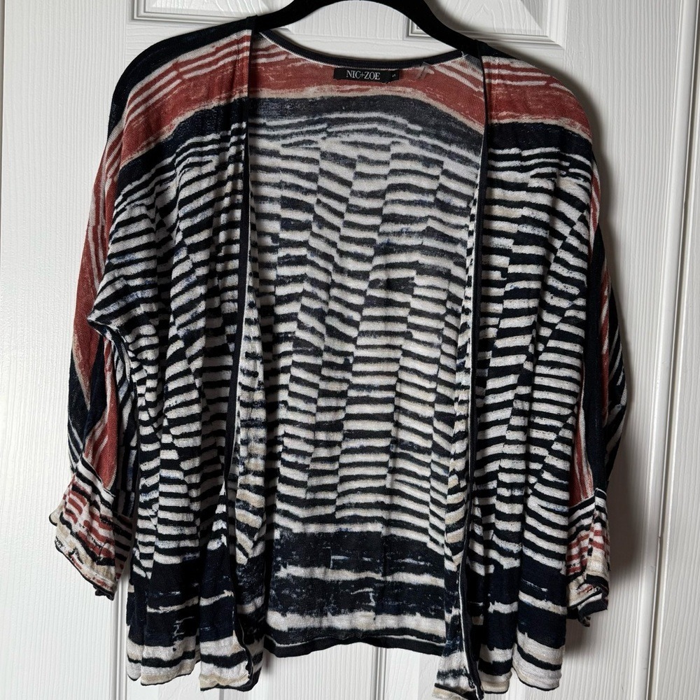 Nic+Zoe Linen Viscose Striped Multicolored Lightweight Open Cardigan Small EUC